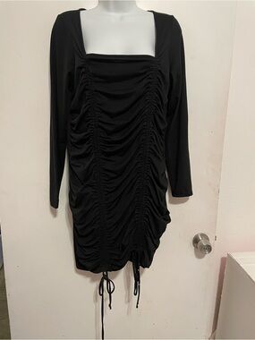 Fashion Nova Black Ruched Long Sleeve Square Neck Dress with Drawstrings